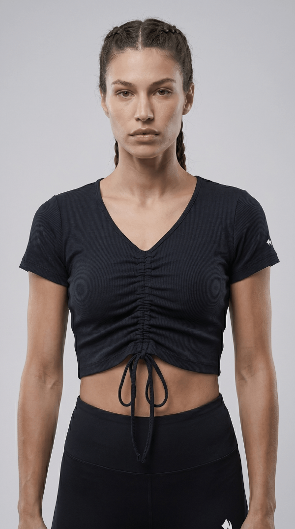 Lacivert V Yaka İp Büzgülü Crop Tişört