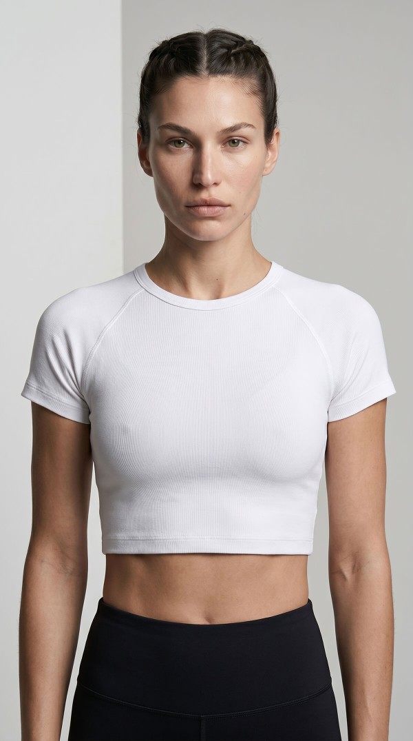 Kadın Beyaz Reglan Kol Basic Spor Crop T-Shirt