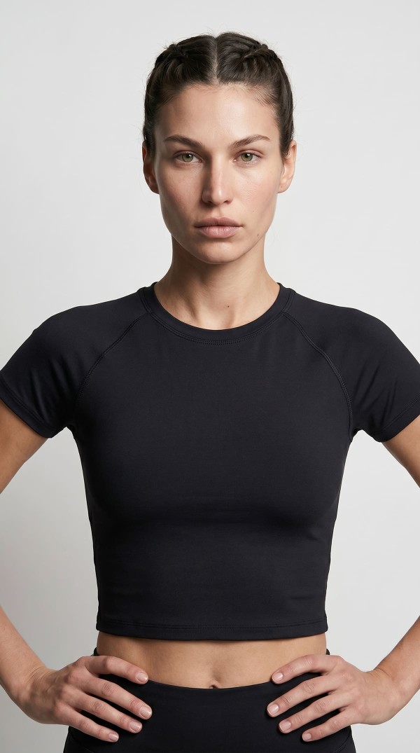 Kadın Siyah Reglan Kol Basic Spor Crop T-Shirt