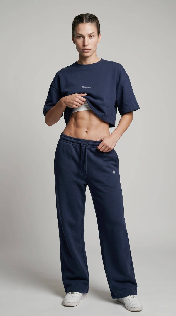 Kadın Lacivert 2’li Alt-Üst Spor Takımı - Crop Kısa Kollu Tshirt & Geniş Paça Eşofman