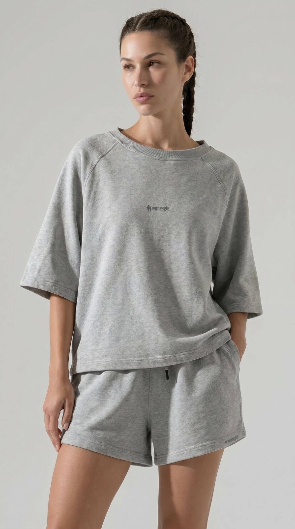 Gri Melanj Oversize Bisiklet Yaka Şortlu İkili Takım