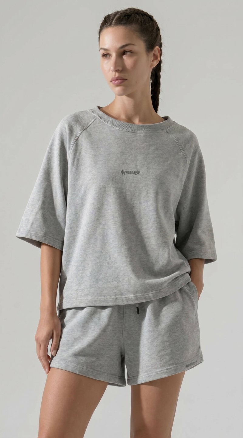 Gri Melanj Oversize Bisiklet Yaka Şortlu İkili Takım