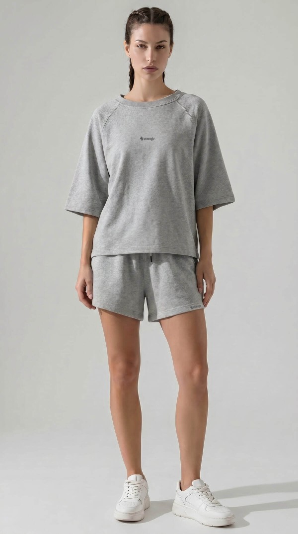 Gri Melanj Oversize Bisiklet Yaka Şortlu İkili Takım