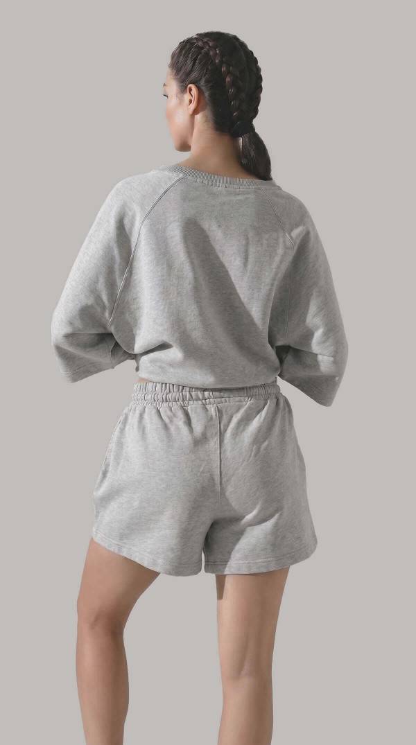 Gri Melanj Oversize Bisiklet Yaka Şortlu İkili Takım