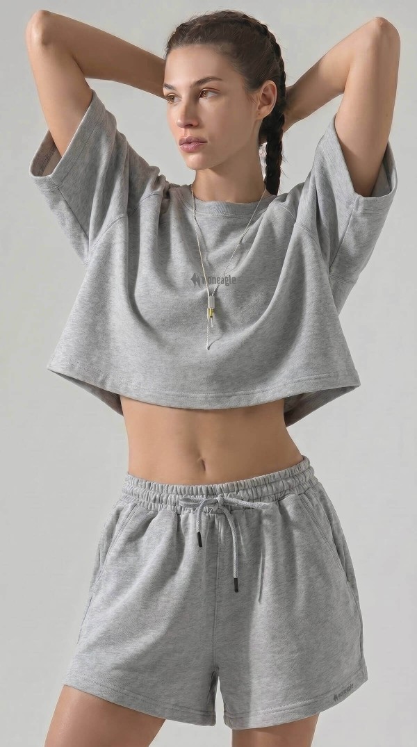 Gri Melanj Oversize Bisiklet Yaka Şortlu İkili Takım