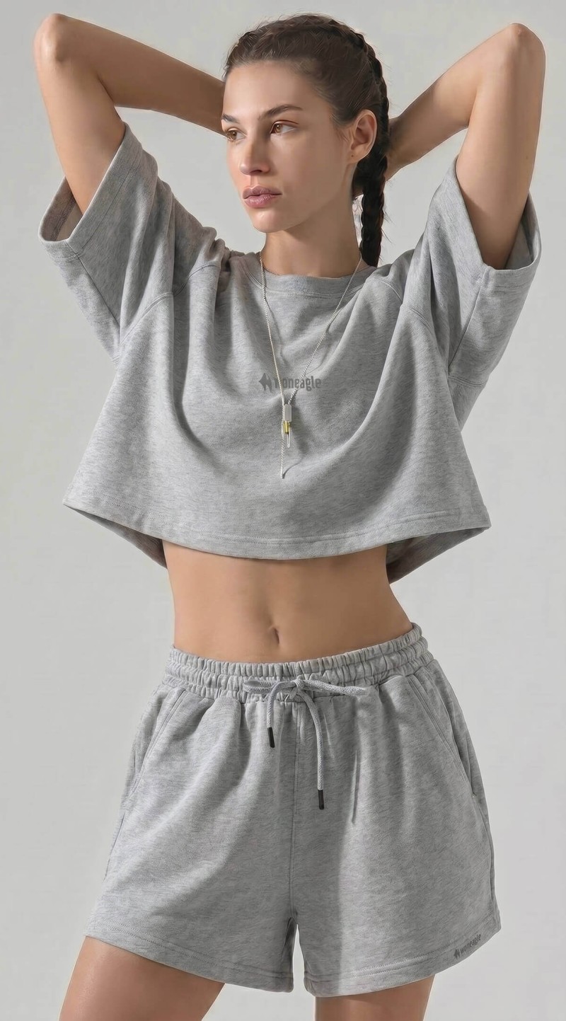 Gri Melanj Oversize Bisiklet Yaka Şortlu İkili Takım