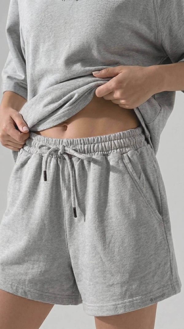 Gri Melanj Oversize Bisiklet Yaka Şortlu İkili Takım