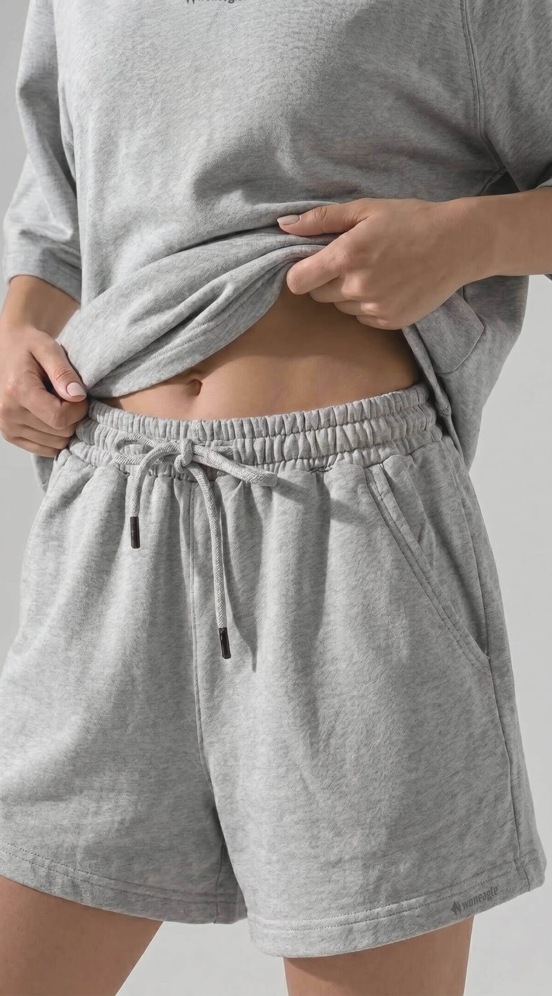 Gri Melanj Oversize Bisiklet Yaka Şortlu İkili Takım
