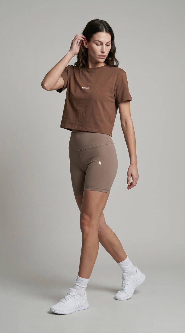 Kadın Kahverengi Bisiklet Yaka Minimal Logolu Sportif Crop Tişört