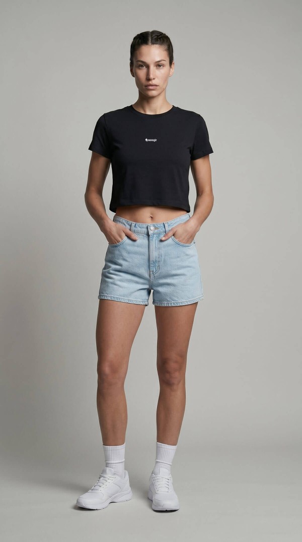Kadın Siyah Bisiklet Yaka Minimal Logolu Sportif Crop Tişört