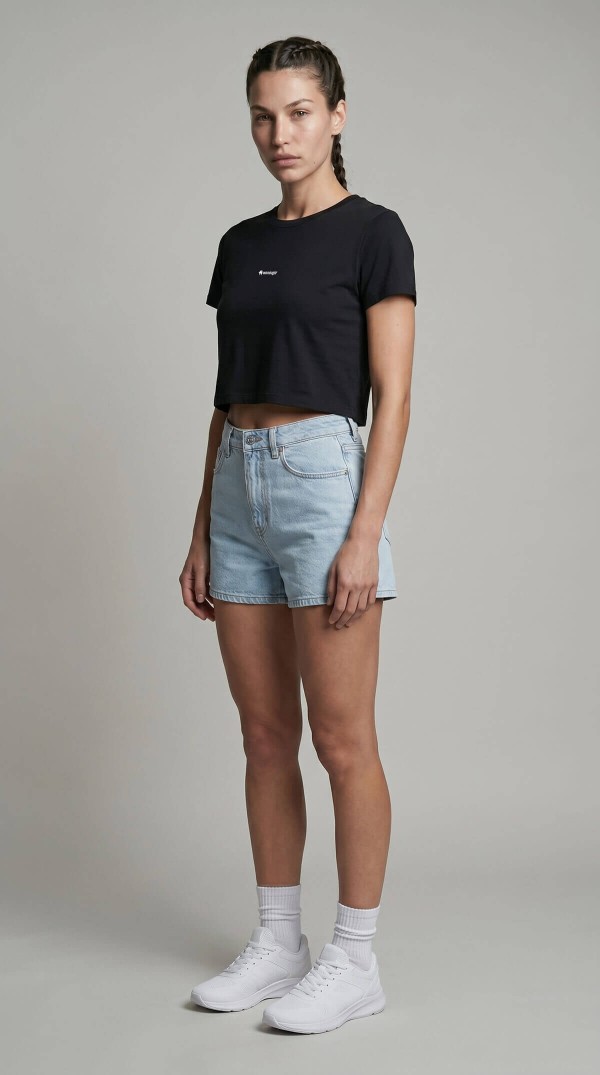 Kadın Siyah Bisiklet Yaka Minimal Logolu Sportif Crop Tişört