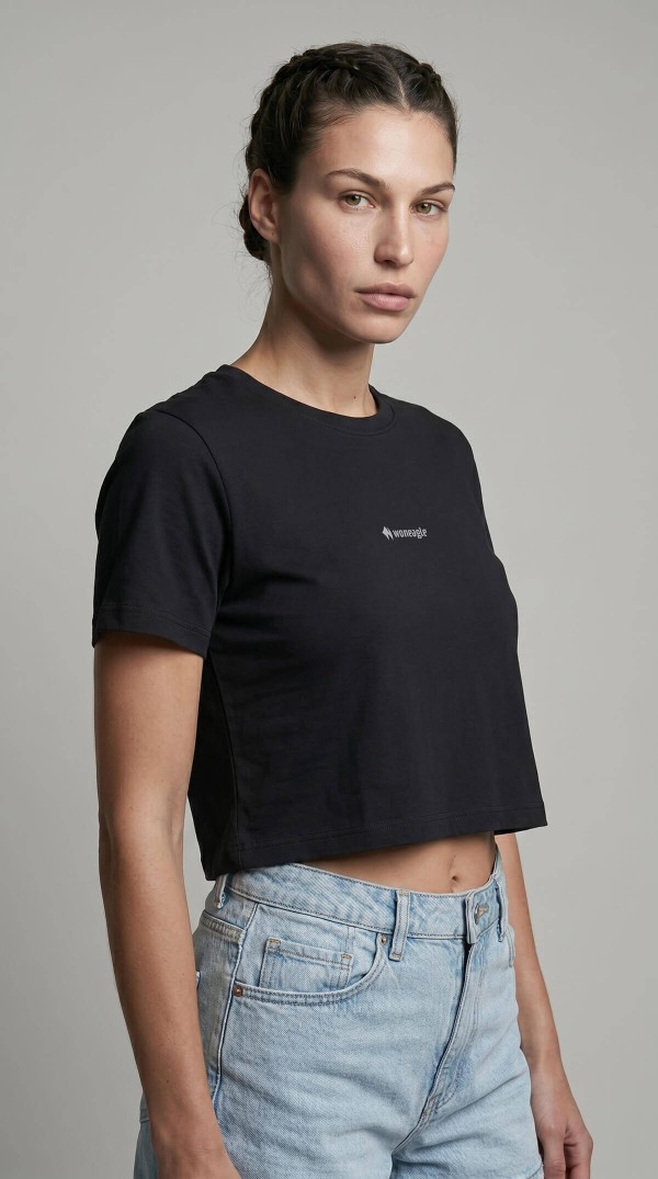 Kadın Siyah Bisiklet Yaka Minimal Logolu Sportif Crop Tişört