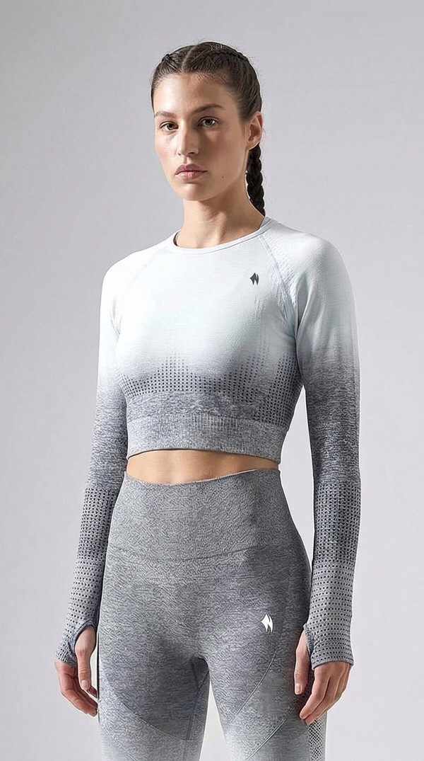 Crop Top Gri Degrade Seamless Uzun Kollu Sweathshirt