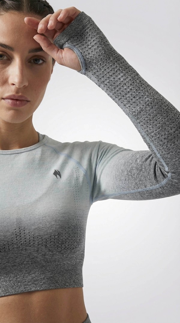 Crop Top Gri Degrade Seamless Uzun Kollu Sweathshirt